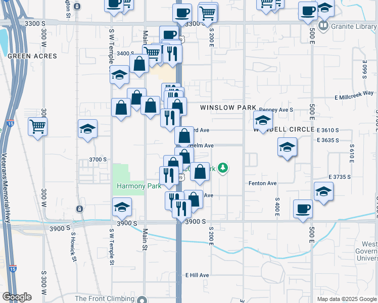 map of restaurants, bars, coffee shops, grocery stores, and more near 3655 South State Street in South Salt Lake