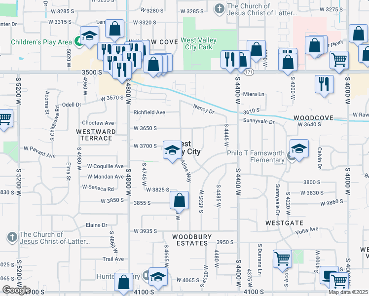 map of restaurants, bars, coffee shops, grocery stores, and more near 3701 Atlas Way in West Valley City