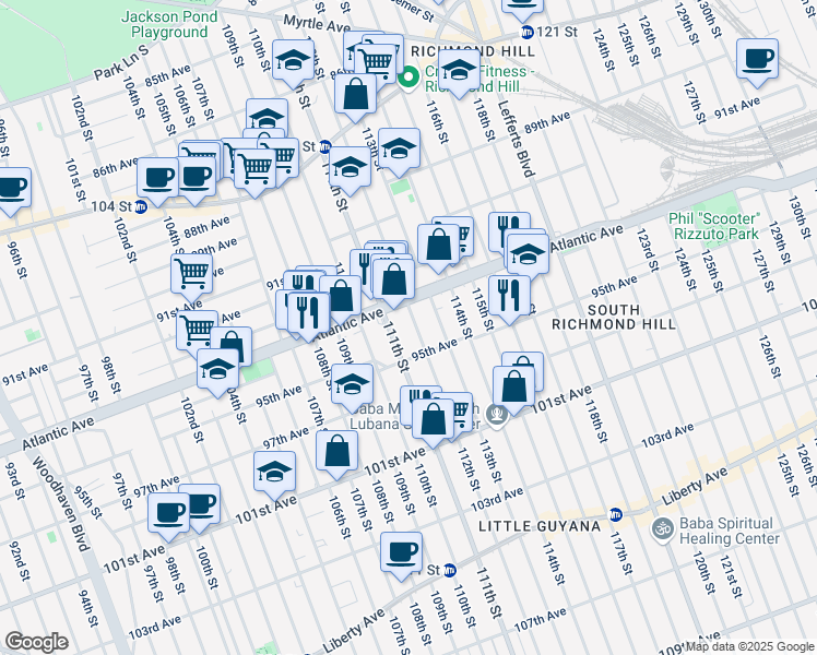 map of restaurants, bars, coffee shops, grocery stores, and more near 11102 Atlantic Avenue in Queens