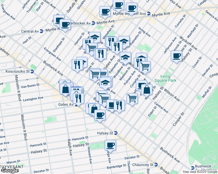 map of restaurants, bars, coffee shops, grocery stores, and more near 122 Woodbine Street in Brooklyn