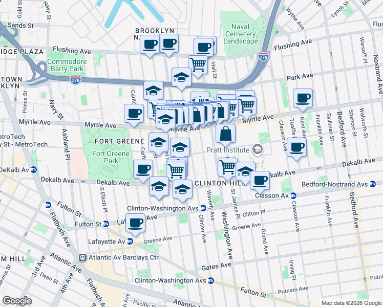 map of restaurants, bars, coffee shops, grocery stores, and more near 220 Clinton Avenue in Brooklyn