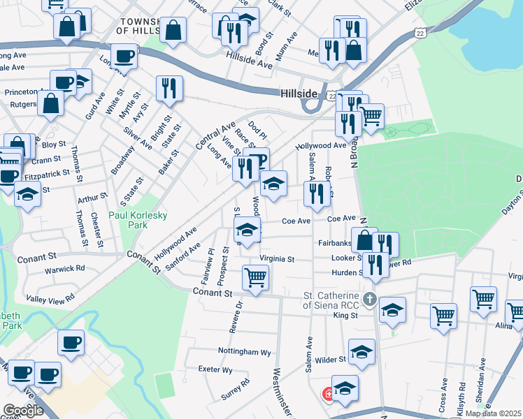 map of restaurants, bars, coffee shops, grocery stores, and more near 1225 Woodruff Avenue in Hillside