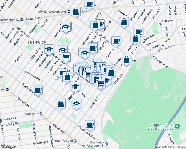 map of restaurants, bars, coffee shops, grocery stores, and more near 251 Covert Street in Brooklyn