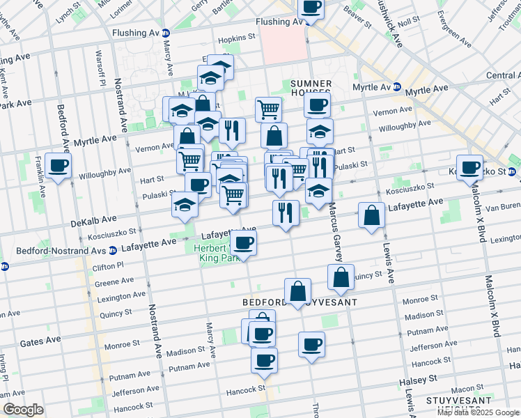 map of restaurants, bars, coffee shops, grocery stores, and more near 269 Kosciuszko Street in Brooklyn
