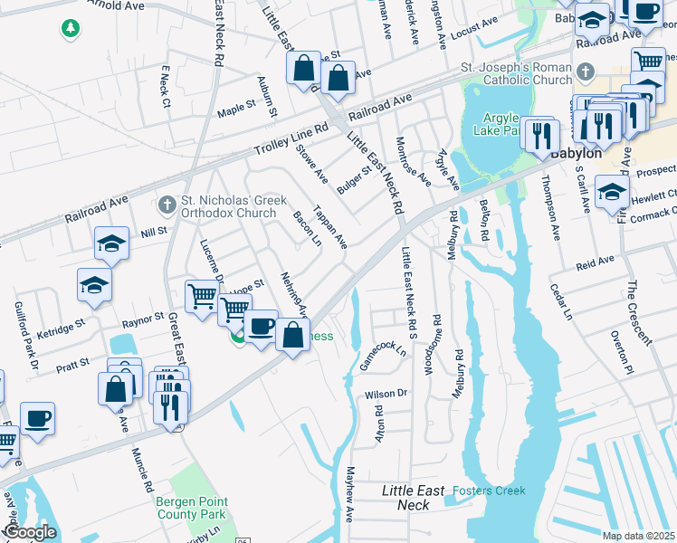 map of restaurants, bars, coffee shops, grocery stores, and more near 2 Johnson Court in Babylon