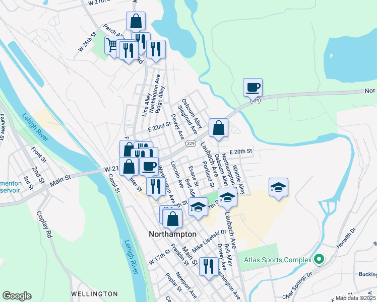 map of restaurants, bars, coffee shops, grocery stores, and more near 252 East 21st Street in Northampton
