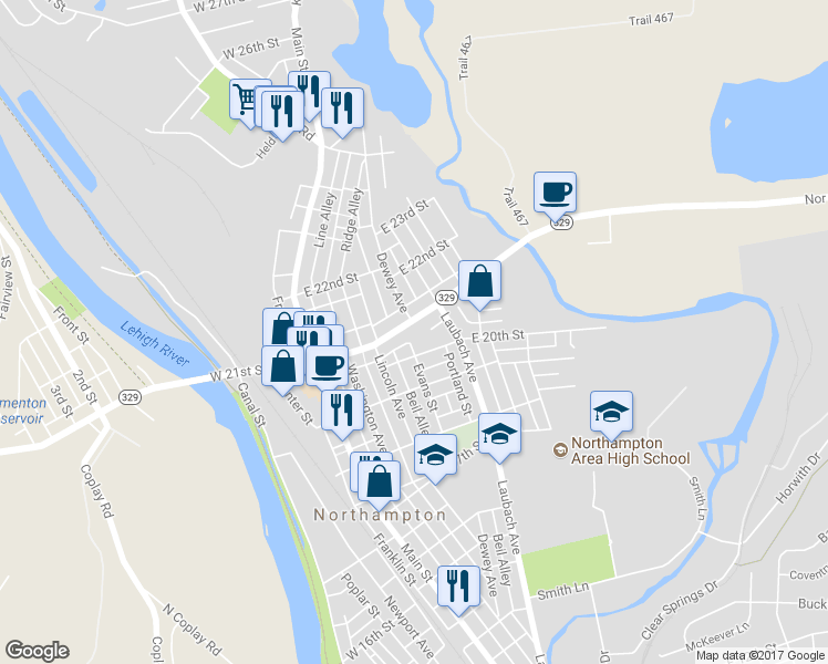 map of restaurants, bars, coffee shops, grocery stores, and more near 252 East 21st Street in Northampton