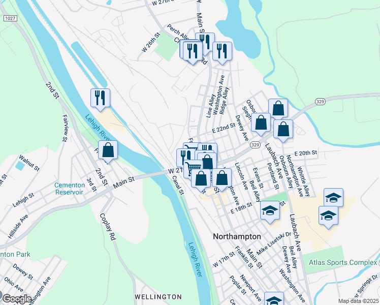 map of restaurants, bars, coffee shops, grocery stores, and more near 2105 Cross Country Road in Northampton