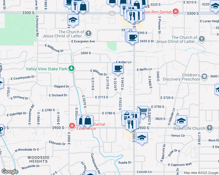 map of restaurants, bars, coffee shops, grocery stores, and more near 3665 South 2175 East in Salt Lake City