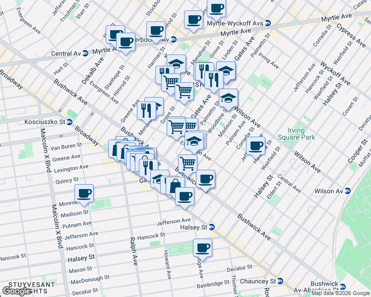 map of restaurants, bars, coffee shops, grocery stores, and more near 445 Evergreen Avenue in Brooklyn