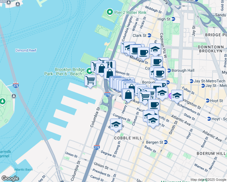 map of restaurants, bars, coffee shops, grocery stores, and more near 41 State Street in Brooklyn