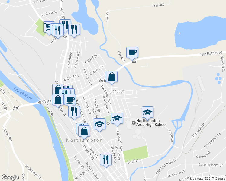 map of restaurants, bars, coffee shops, grocery stores, and more near 501 East 20th Street in Northampton