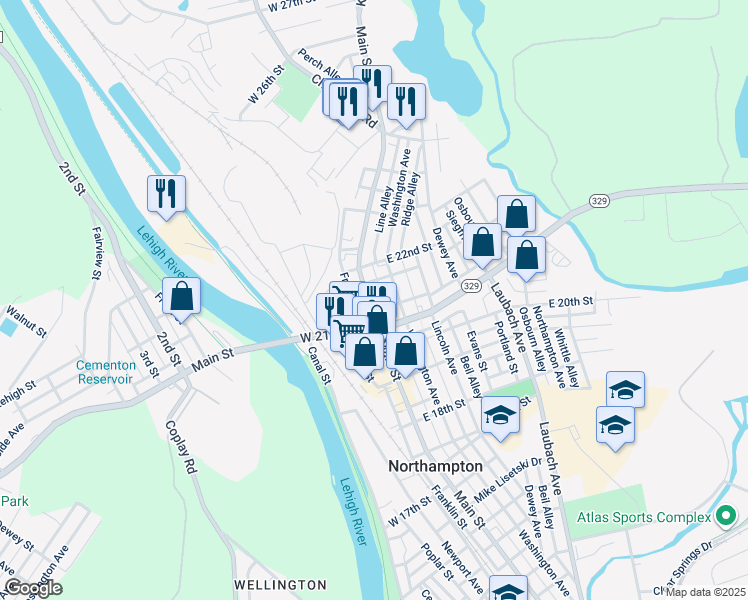 map of restaurants, bars, coffee shops, grocery stores, and more near 2143 Main Street in Northampton