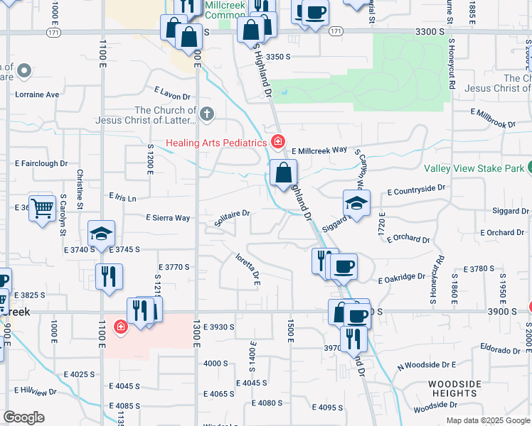 map of restaurants, bars, coffee shops, grocery stores, and more near 3667 Vineyard Court in Millcreek