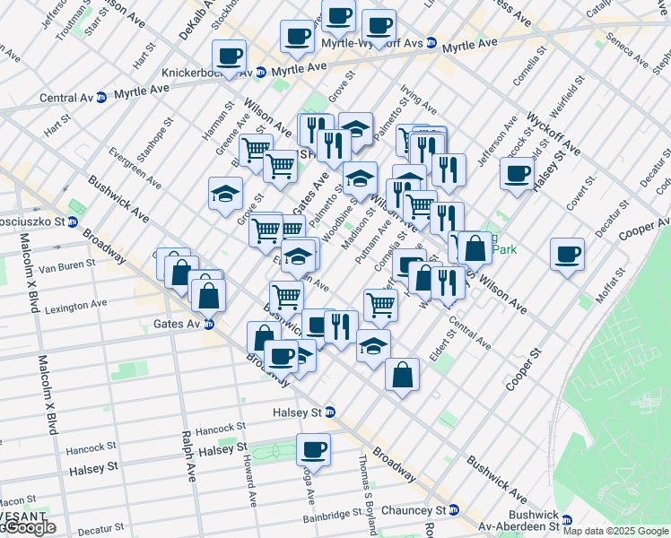 map of restaurants, bars, coffee shops, grocery stores, and more near 1094 Madison Street in Brooklyn