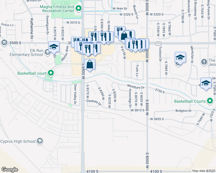 map of restaurants, bars, coffee shops, grocery stores, and more near 3701 South 8235 West in Magna