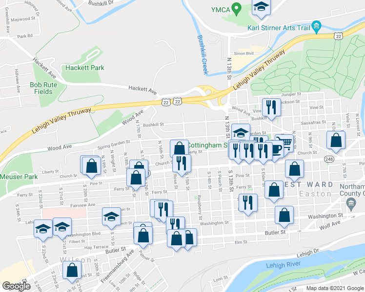 map of restaurants, bars, coffee shops, grocery stores, and more near 114 North 15th Street in Easton