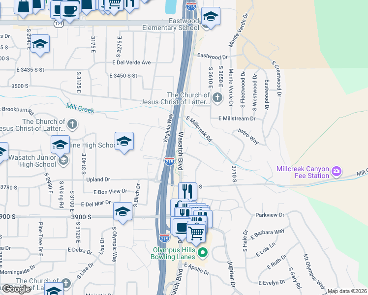 map of restaurants, bars, coffee shops, grocery stores, and more near 3637 Wasatch Boulevard in Salt Lake City