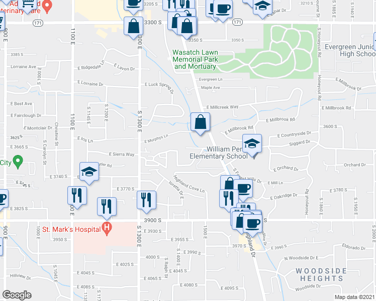 map of restaurants, bars, coffee shops, grocery stores, and more near 3667 Vineyard Court in Millcreek