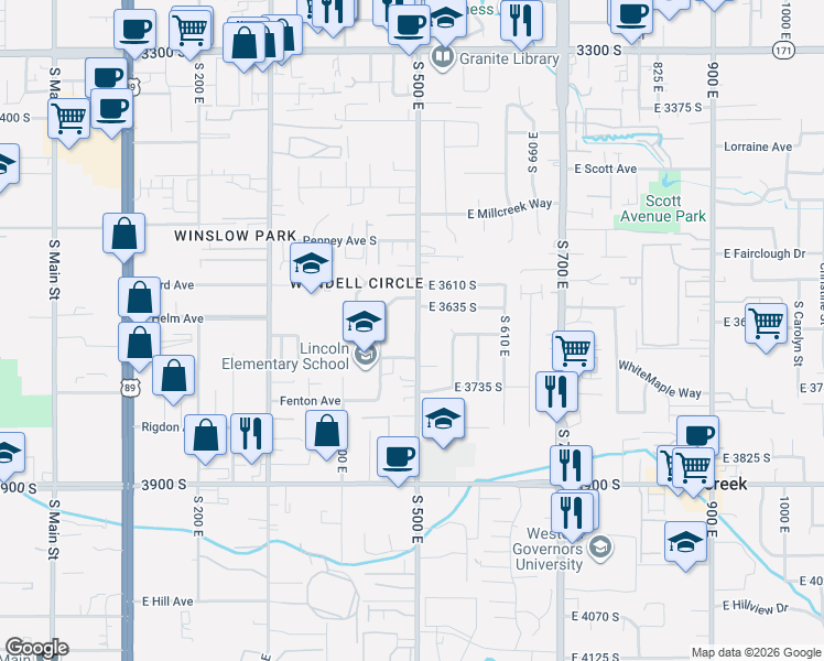 map of restaurants, bars, coffee shops, grocery stores, and more near 3646 500 East in South Salt Lake
