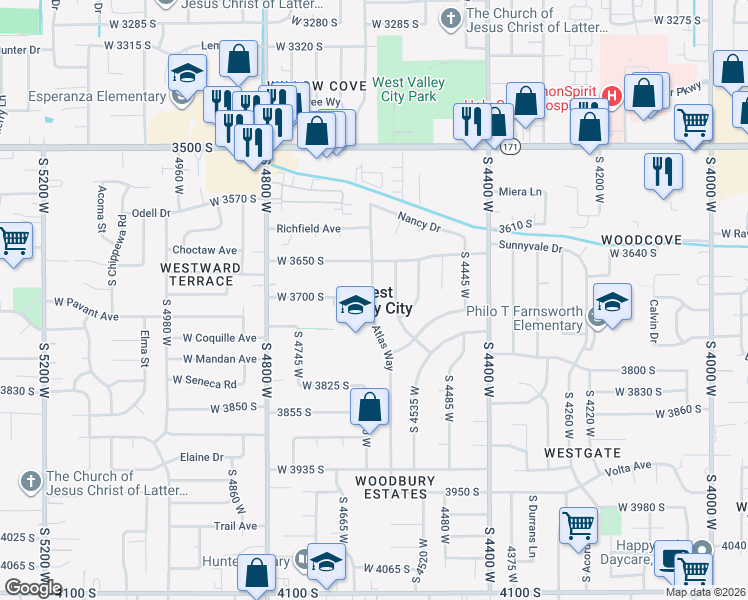 map of restaurants, bars, coffee shops, grocery stores, and more near 2788 South 3000 West in West Valley City