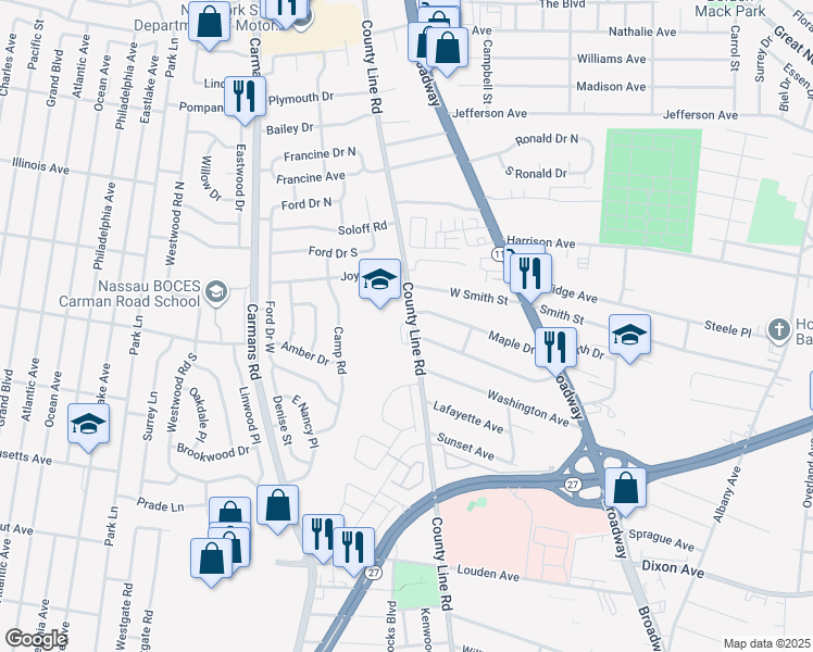 map of restaurants, bars, coffee shops, grocery stores, and more near 118 Maple Drive in Amityville