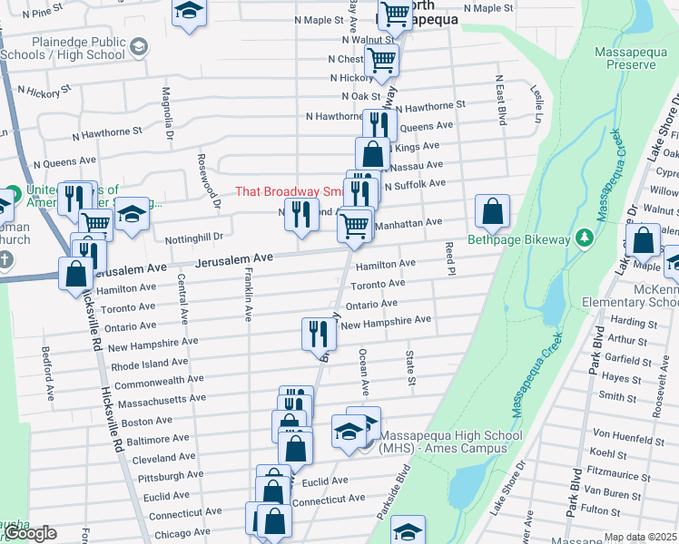 map of restaurants, bars, coffee shops, grocery stores, and more near in Massapequa