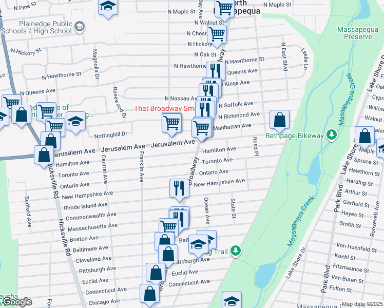 map of restaurants, bars, coffee shops, grocery stores, and more near in Massapequa