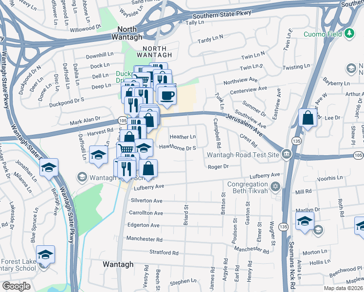 map of restaurants, bars, coffee shops, grocery stores, and more near 3442 Heather Lane in Wantagh