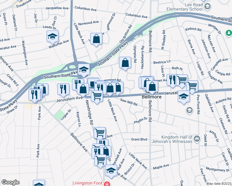 map of restaurants, bars, coffee shops, grocery stores, and more near 2518 Jody Court in North Bellmore
