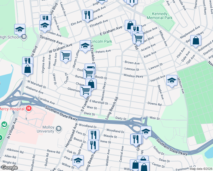 map of restaurants, bars, coffee shops, grocery stores, and more near 54 Nassau Parkway in Hempstead