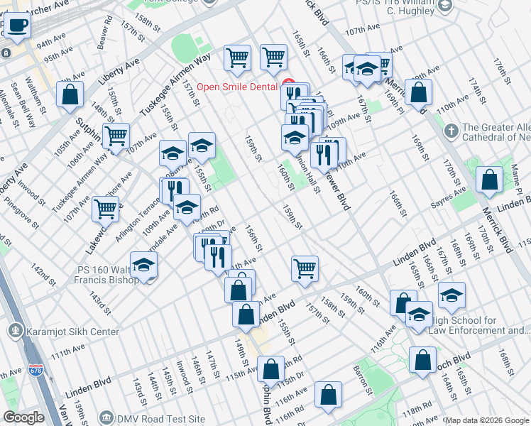 map of restaurants, bars, coffee shops, grocery stores, and more near 157-15 Brinkerhoff Avenue in Queens