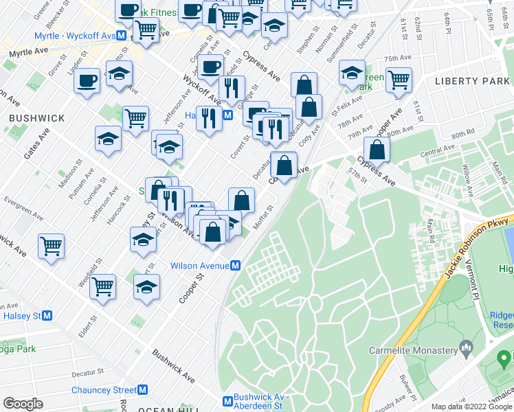 map of restaurants, bars, coffee shops, grocery stores, and more near in 