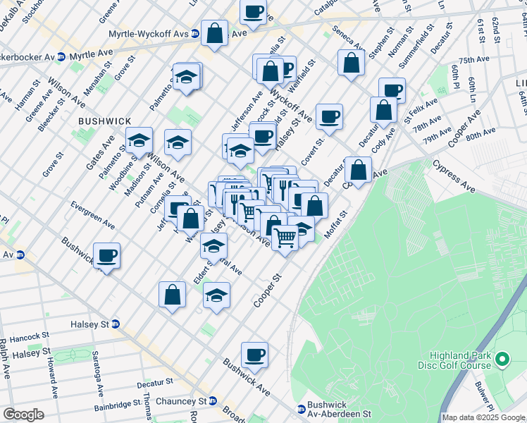 map of restaurants, bars, coffee shops, grocery stores, and more near 273 Eldert Street in Brooklyn