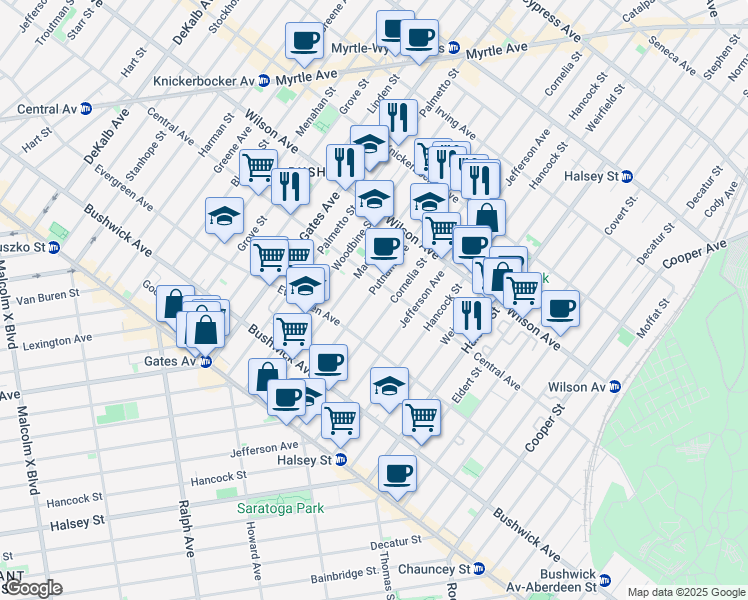 map of restaurants, bars, coffee shops, grocery stores, and more near in Brooklyn