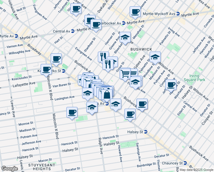 map of restaurants, bars, coffee shops, grocery stores, and more near 68 Grove Street in Brooklyn
