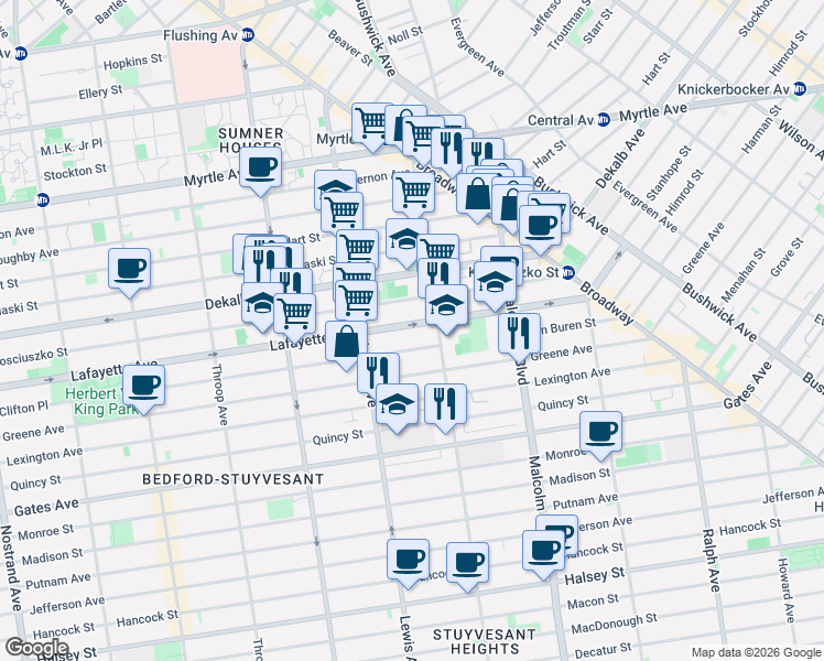 map of restaurants, bars, coffee shops, grocery stores, and more near 935 Lafayette Avenue in Brooklyn