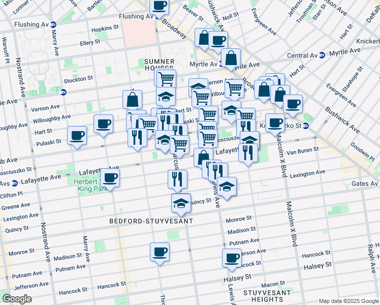 map of restaurants, bars, coffee shops, grocery stores, and more near 408 Kosciuszko Street in Brooklyn