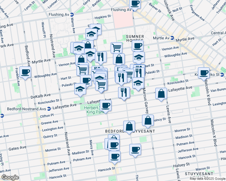 map of restaurants, bars, coffee shops, grocery stores, and more near 804 Dekalb Avenue in Brooklyn