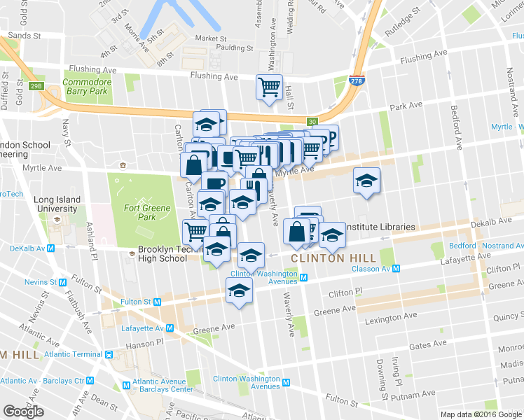 map of restaurants, bars, coffee shops, grocery stores, and more near 200 Waverly Avenue in Brooklyn