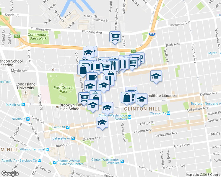 map of restaurants, bars, coffee shops, grocery stores, and more near 200 Waverly Avenue in Brooklyn