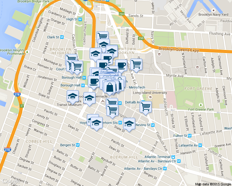 map of restaurants, bars, coffee shops, grocery stores, and more near 68 Willoughby Street in Brooklyn
