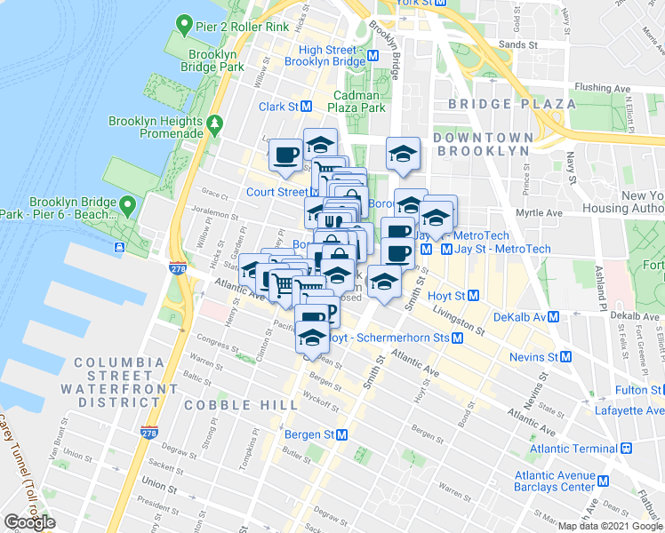 map of restaurants, bars, coffee shops, grocery stores, and more near 86 Court Street in Brooklyn