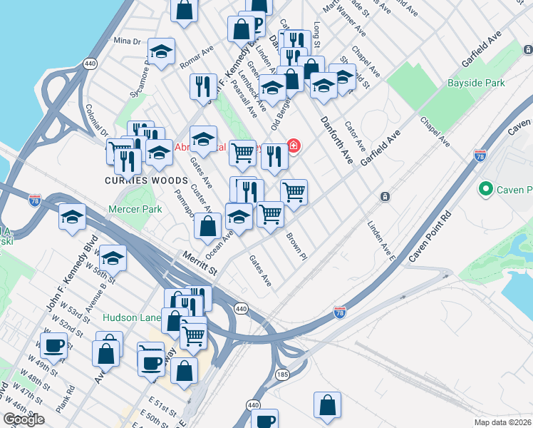 map of restaurants, bars, coffee shops, grocery stores, and more near 87 Winfield Avenue in Jersey City