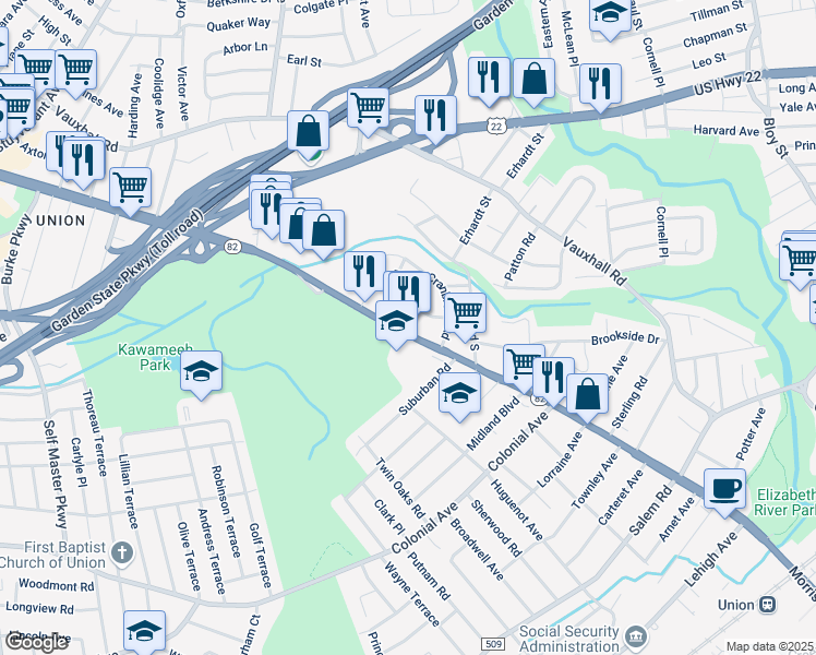 map of restaurants, bars, coffee shops, grocery stores, and more near 1580 Barton Road in Union