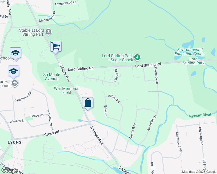 map of restaurants, bars, coffee shops, grocery stores, and more near 65 Village Drive in Basking Ridge