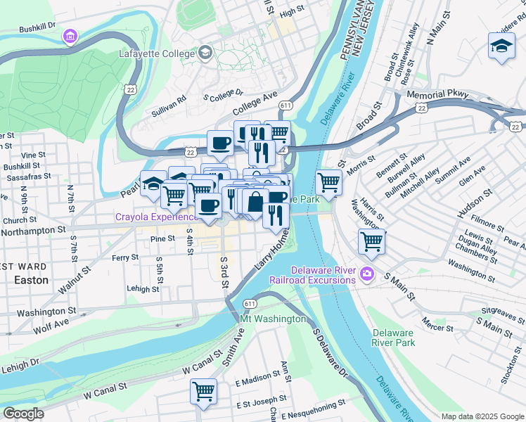 map of restaurants, bars, coffee shops, grocery stores, and more near 27 North 2nd Street in Easton
