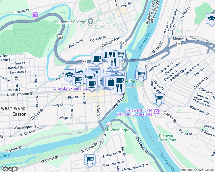 map of restaurants, bars, coffee shops, grocery stores, and more near 27 North 2nd Street in Easton