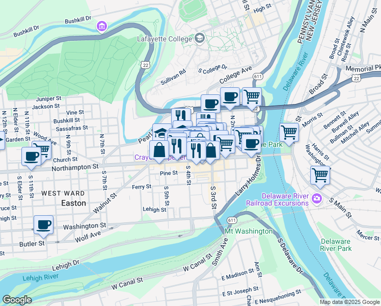 map of restaurants, bars, coffee shops, grocery stores, and more near 30 North 4th Street in Easton