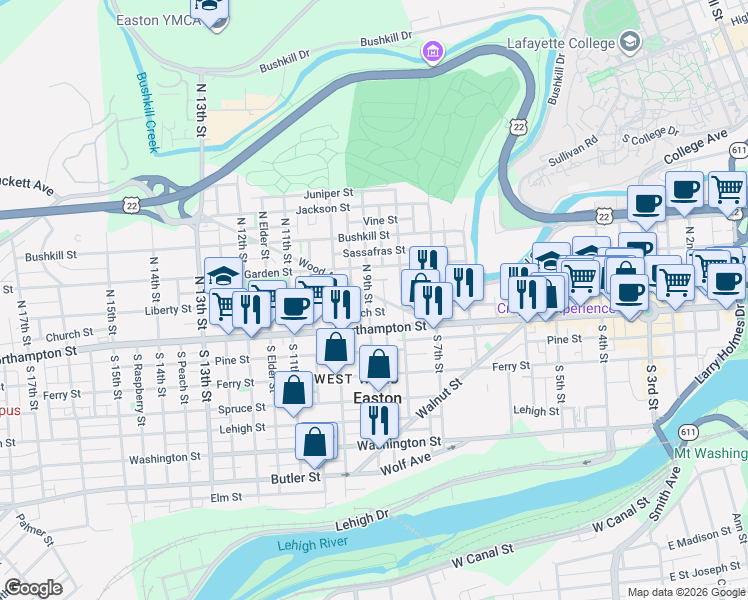 map of restaurants, bars, coffee shops, grocery stores, and more near 13 North Mulberry Street in Easton